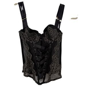 Victoria’s Secret 34B Black Gold Lace Mesh Corset Bustier Top Lingerie